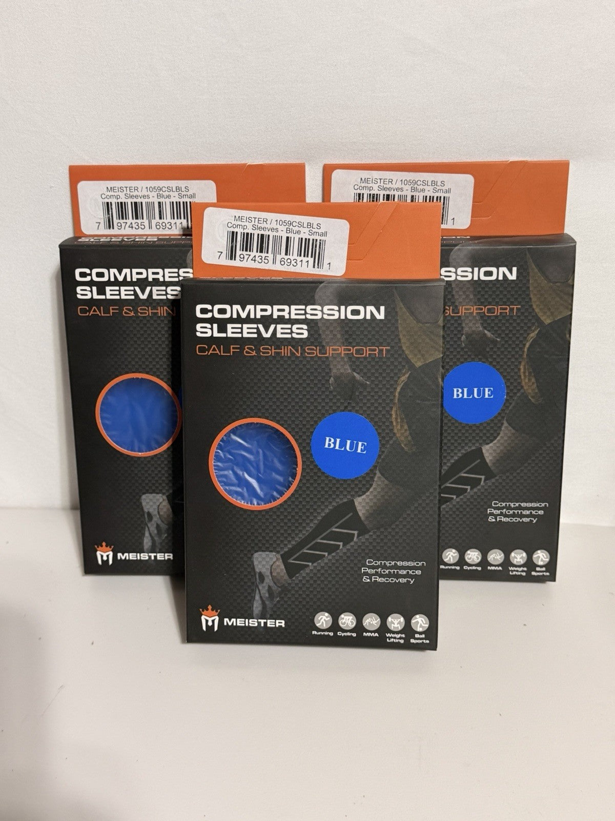 3 Pairs! Meister Compression Sleeves Calf & Shin Blue Socks - Small - NEW IN BOX