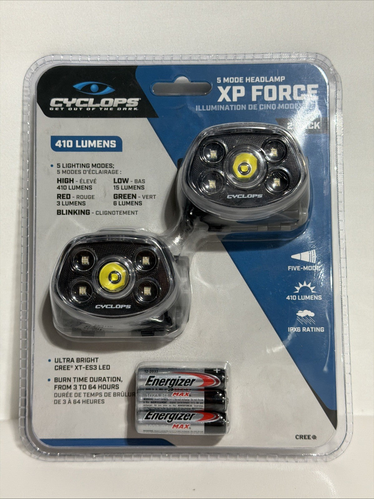 Cyclops Xp Force Headlamp 410 Lumens Black 2 Pack Water Resistant Flashlight New